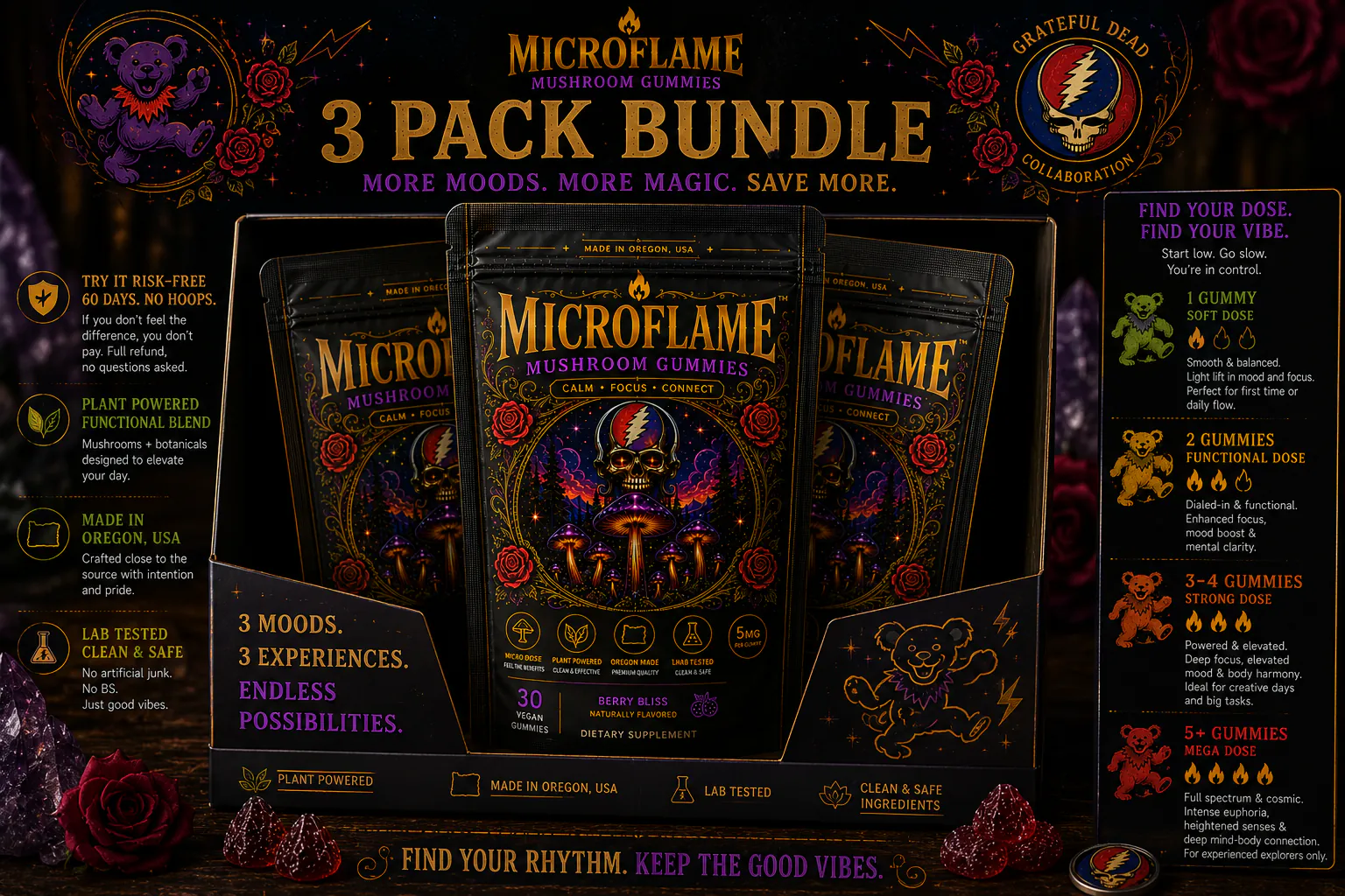 Microflame 3-Pack Bundle — 3 moods, 3 experiences, with a Find Your Dose guide from 1 gummy (soft) to 5+ (mega)