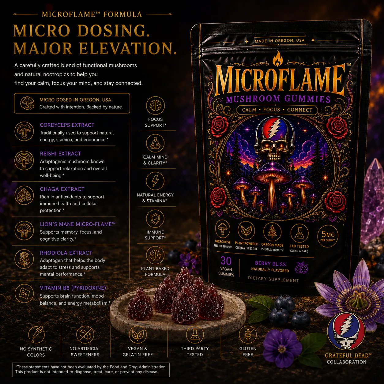 Microflame Formula — micro dosing, major elevation. Functional mushroom blend: Cordyceps, Reishi, Chaga, Lion's Mane, Rhodiola and Vitamin B6, with focus, calm, energy and immune support.