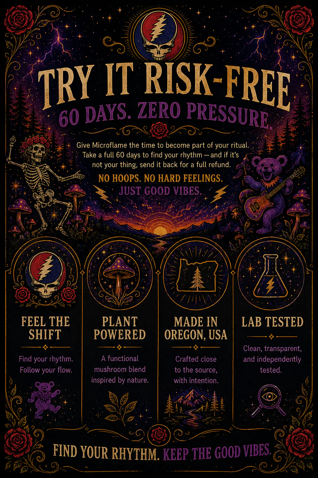 Try It Risk-Free — 60 days, zero pressure. Full refund if it's not your thing. Feel the shift, plant powered, made in Oregon, lab tested.