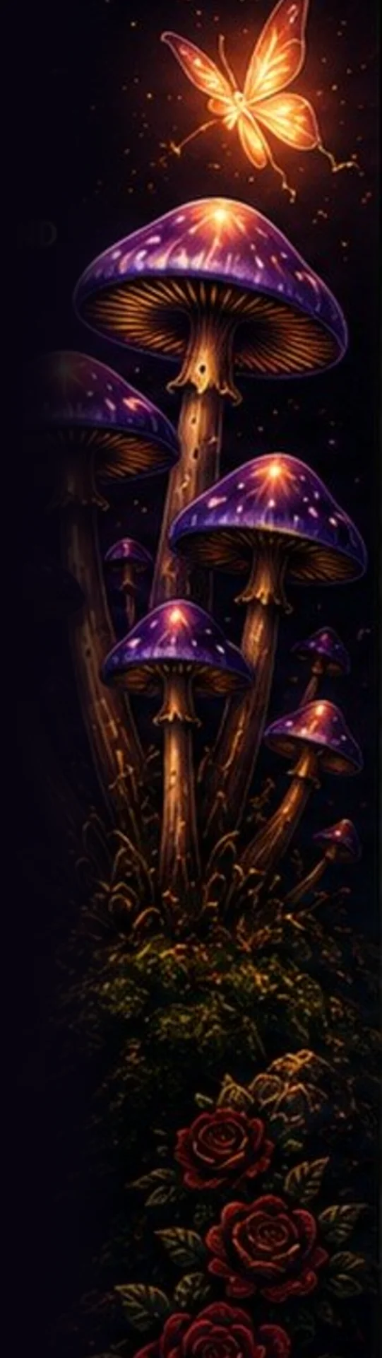 Cluster of glowing violet mushrooms among red roses