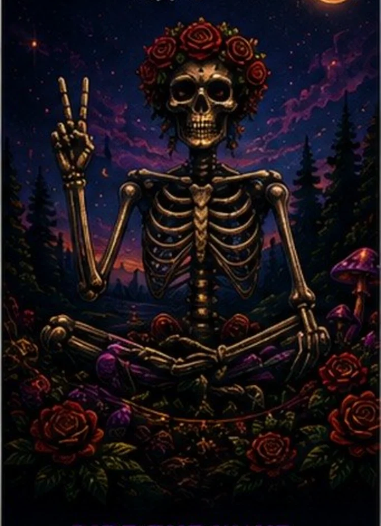 Rose-crowned skeleton in lotus, throwing a peace sign