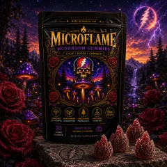 Microflame pouch in a glowing forest of roses and mushrooms