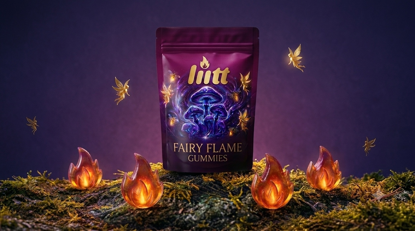 MicroFlame gummies pouch on moss with glowing flame-shaped gummies and golden fairies