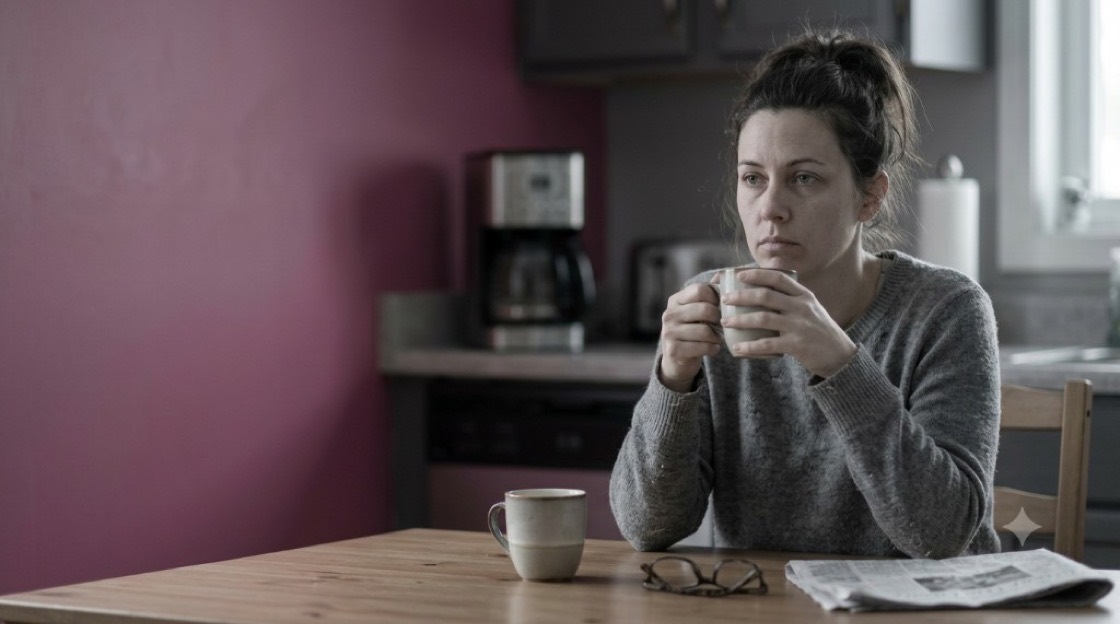 Woman sitting at a kitchen table looking tired and mentally drained