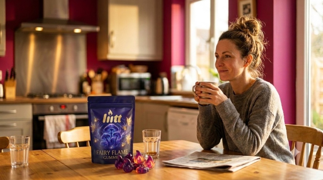 Woman smiling peacefully in a sunlit kitchen with MicroFlame gummies on the table