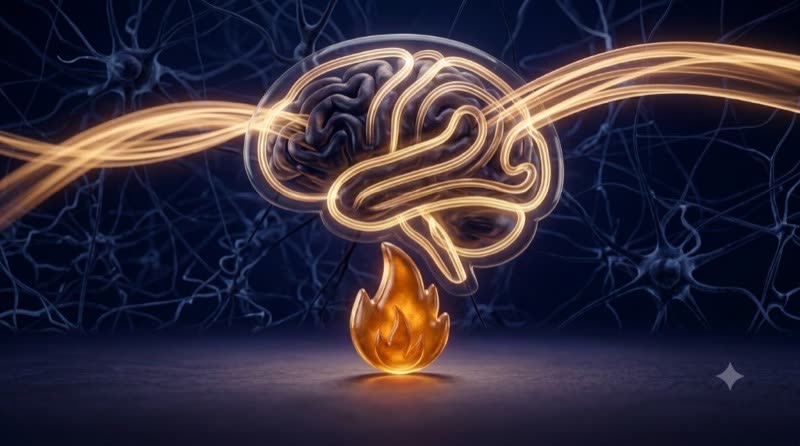Glowing brain and flame illustration representing neural flexibility